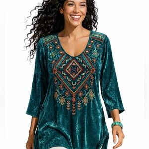 Johnny Was “Lorne” 3/4-Sleeve HeavilyEmbroidered Silk/Velvet Tunic NWT